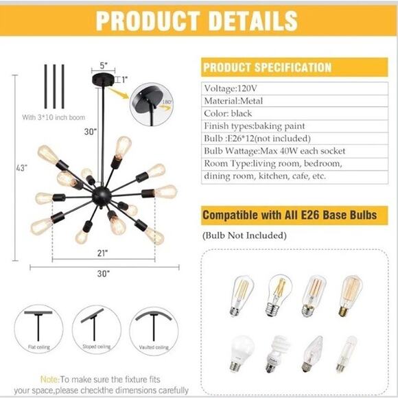 Sputnik Chandeliers Black Modern 12-Light Farmhouse‎ Pendant Light Mid Century - Picture 3 of 15